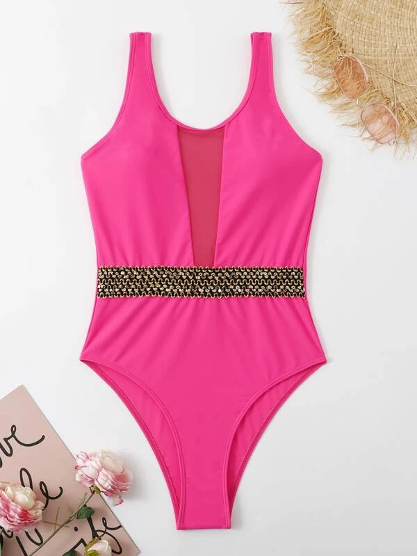 Women's V-neck mesh sequin board strap solid color one-piece swimsuit sexy lady swimsuit female bikini_voghion.com