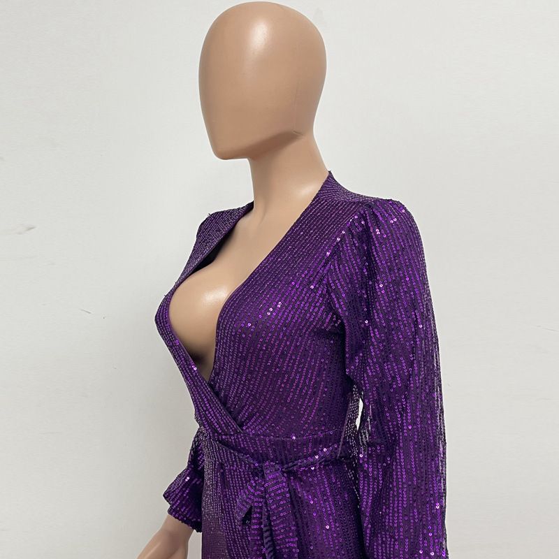 Damkläder Ins Style Deep V Mode Casual Jumpsuit Långärmat Bälte Paljett Jumpsuit Dam_voghion.com