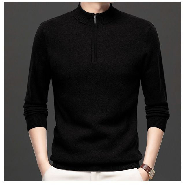 Maglione lavorato a maglia da uomo, nuovo, autunno inverno, collo alto, tinta unita, mezza cerniera, versatile, base, maglietta_voghion.com