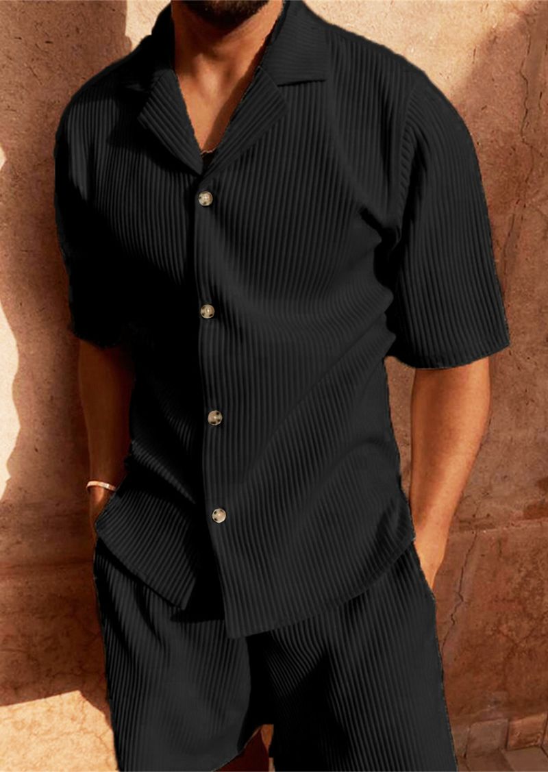 Ensemble short décontracté à revers en velours côtelé pour homme, t-shirt et short de sport de couleur unie, ensemble d'entraînement de course à pied_voghion.com