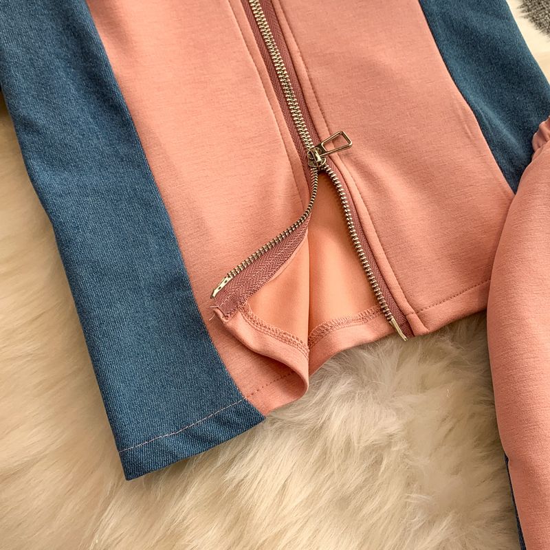 Kadın Giyim Moda İki Parçalı Takım Kadınlar İçin Yaz Aylarında Yeni Tasarım Çift Fermuarlı Dik Yaka Dikişli Kot Üst + Yüksek Bel Göğüs_voghion.com