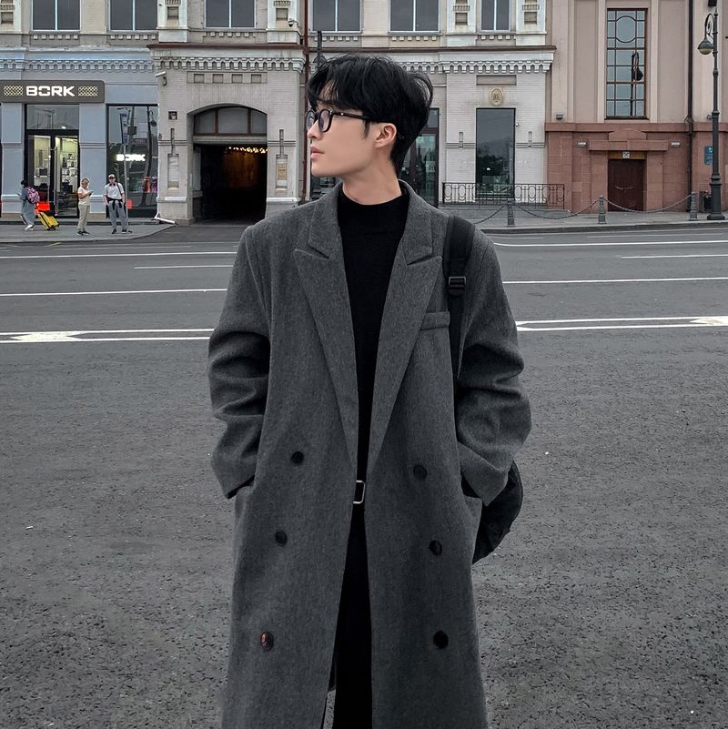 Winter Trendy Thickened Korean Version Loose British Wool Trench Coat Men's Mid-Length Over-the-Knee Jacket_voghion.com