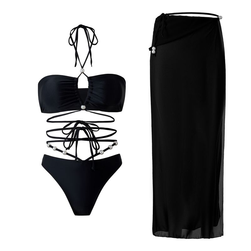 Maillot de bain trois pièces pour femme, nouvelle collection, sexy, décolleté en V, jupe portefeuille en mousseline de soie_voghion.com