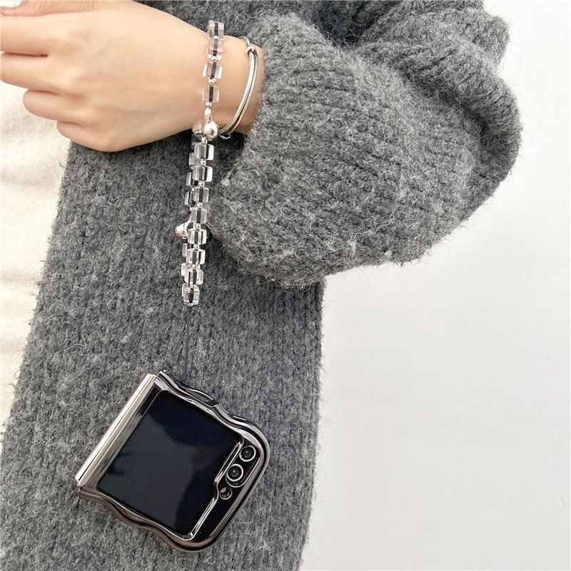 Suitable For Samsung Z Flip 5/4/3 Case With 3D Gem Heart – Cute TPU Shockproof Cover + Detachable Chain (Grey/Blue) – Trendy Flip Phone Accessory_voghion.com