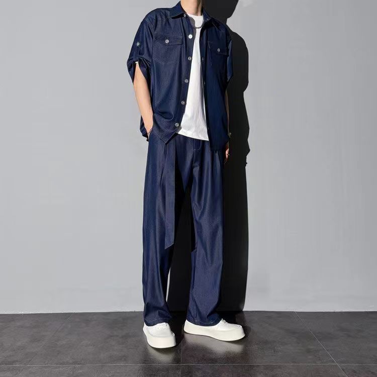Men's Clothing Denim Shirt Suit Men's Five Point Sleeves Fashionable And Casual Loose Trendy Two Piece Suit_voghion.com