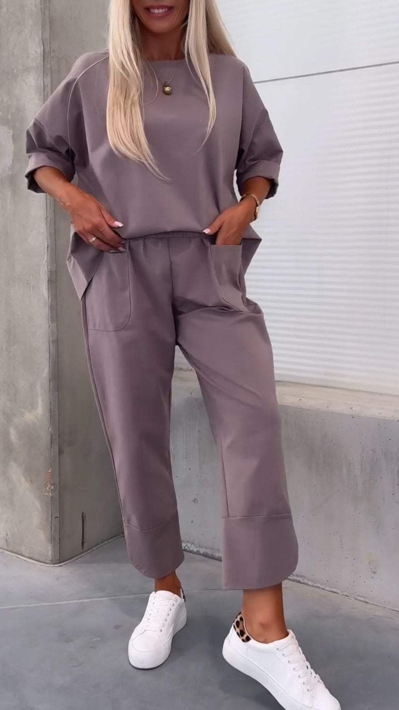 Women Two Piece Set Pants Sets Solid Tops Ankel Length Pant Sport Matching Sets Y2k T-shirt Tracksuit Autumn Spring Pocket Pant_voghion.com