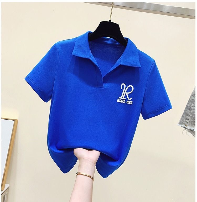 Vêtements pour femmes T-shirt à manches courtes bleu Klein pour femmes été 2023 nouveau col polo à épaules fines rajeunissant court_voghion.com