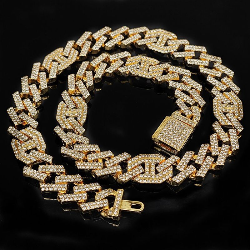 Conjunto de relógio masculino de quartzo hip hop com calendário, mostrador de diamantes, pulseira e colar combinando, caixa quadrada, fecho de aço inoxidável_voghion.com
