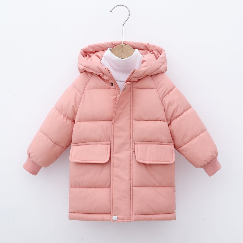 Giacca unisex in cotone di media lunghezza per bambini, con cappuccio e spessa (nero/bianco sporco/rosa/blu denim/bordeaux, 90-140 cm)_voghion.com
