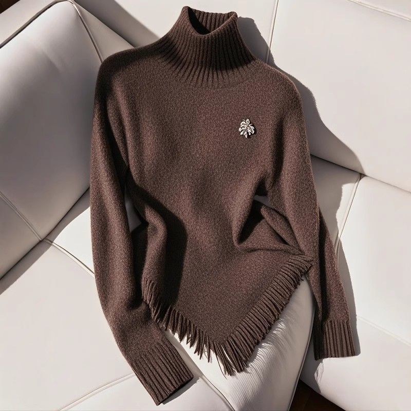 Dammekleeder Hierscht- a Wanterschick villfälteg Quasten rout gestrickt Top Versioun vun engem héije Kraang décke Basis Pullover_voghion.com