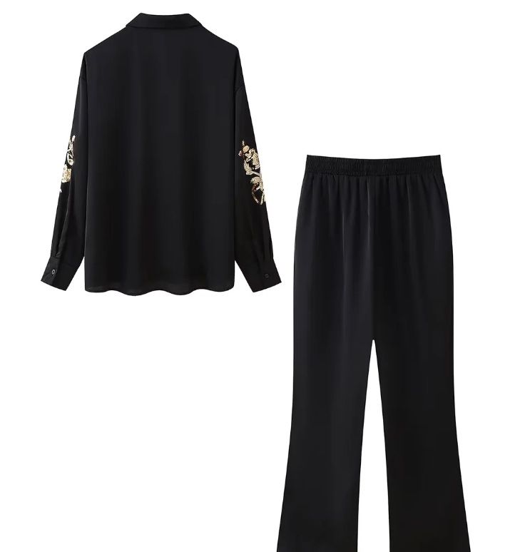 Women's Clothing embroidered sequins long sleeved shirt and trousers suit_voghion.com