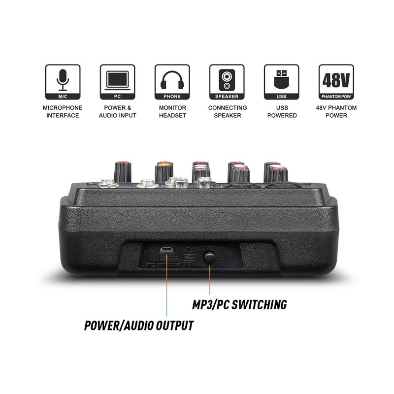 Consola de audio portátil mini mezcladora Debra M-4/6 para DJ con tarjeta de sonido, USB, alimentación fantasma de 48 V para PC, grabación, canto, transmisión web y fiestas_voghion.com