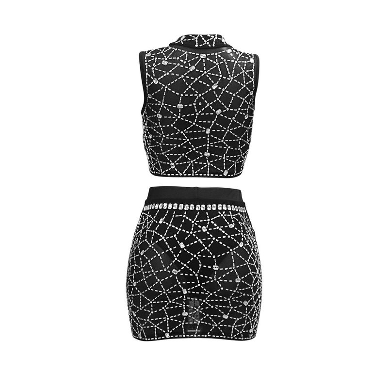 Completo due pezzi in rete con paillettes - Top corto con scollo tondo e minigonna aderente con lingerie_voghion.com