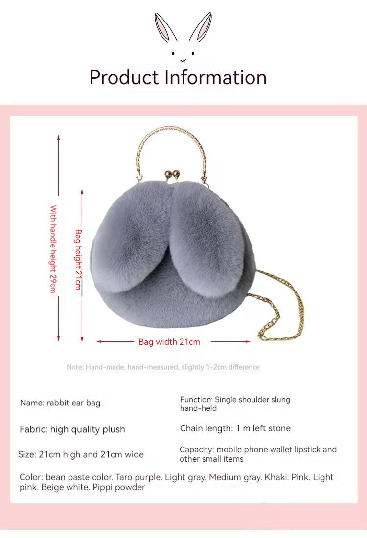 Borsa a tracolla in peluche per ragazze, borsa a tracolla da donna, borsa per telefono con catena, piccola borsa rotonda versatile e alla moda, borsa con fibbia a clip per orecchie di coniglio_voghion.com