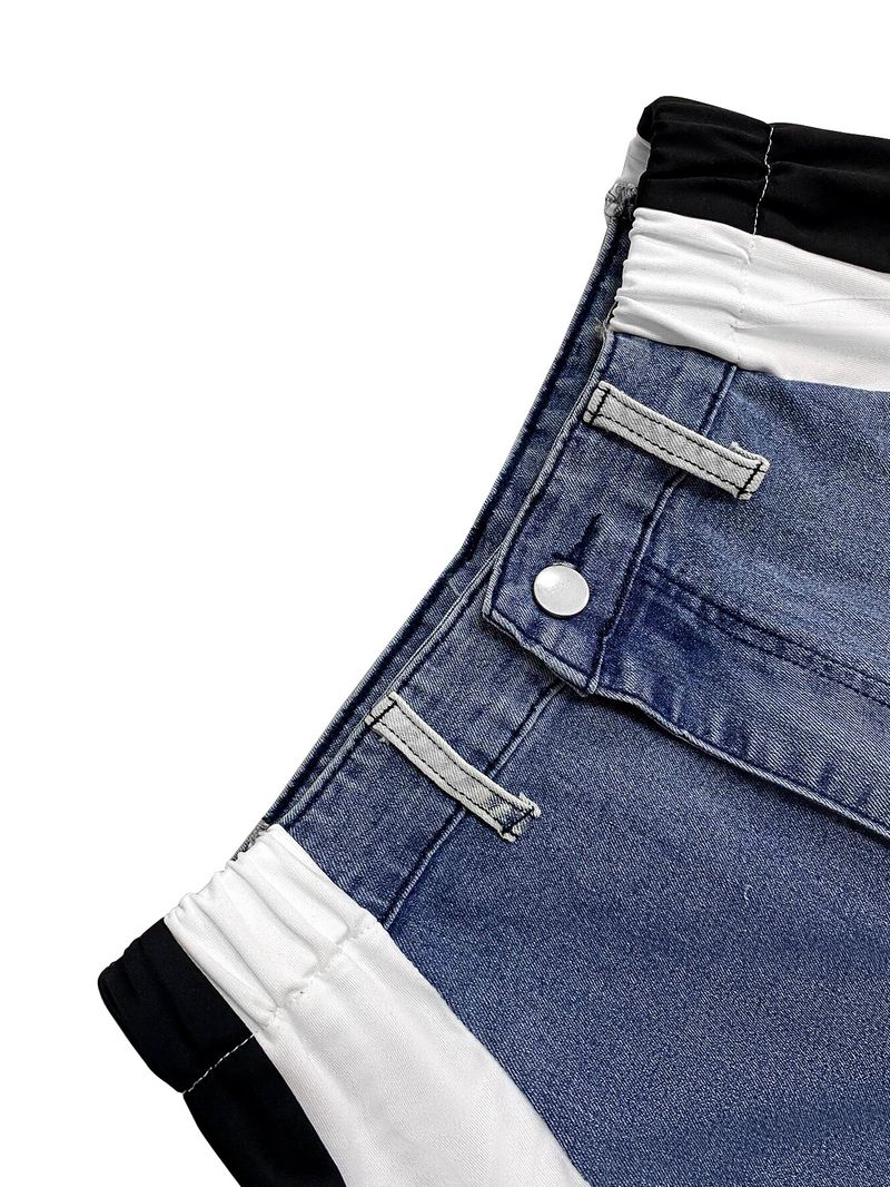 Women's Clothing Street Fashion Splicing Leopard Print Straight Washed Denim Trousers_voghion.com