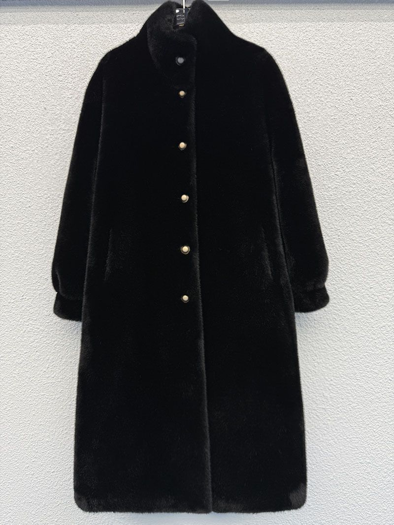 Luxuriöser Kunstpelzmantel, lange Winterjacke für Damen mit dickem, warmem Fleecefutter, Stehkragen, eleganter Trenchcoat für den Weg zur Arbeit (Schwarz, Beige, Mandel)_voghion.com
