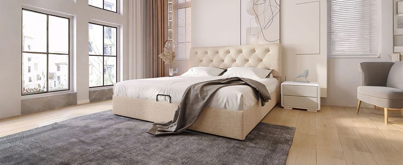 Lit double matelassé hydraulique 140 x 200 cm, tête de lit réglable, sommier à lattes métalliques, cadre de lit coffre moderne, couleur naturelle, sans matelas_voghion.com