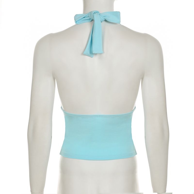H Brand Abbigliamento da donna Stile americano Scollo a V profondo Colore unico Canotta con scollo all'americana Vita snellente Schiena scoperta con lacci_voghion.com