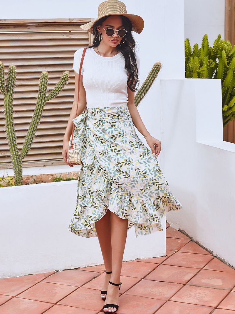 Women's printed strap slit big swing skirt with lining _voghion.com