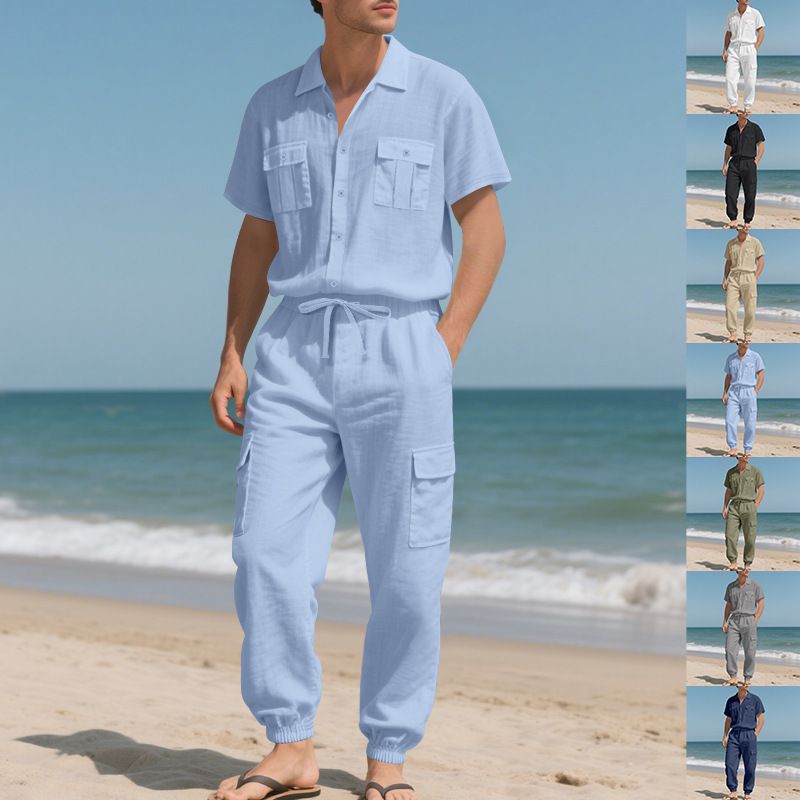 Men's Loose High End Hip Hop Workwear Sports Casual Trousers Linen Beach Short Sleeved Shirt Suit_voghion.com