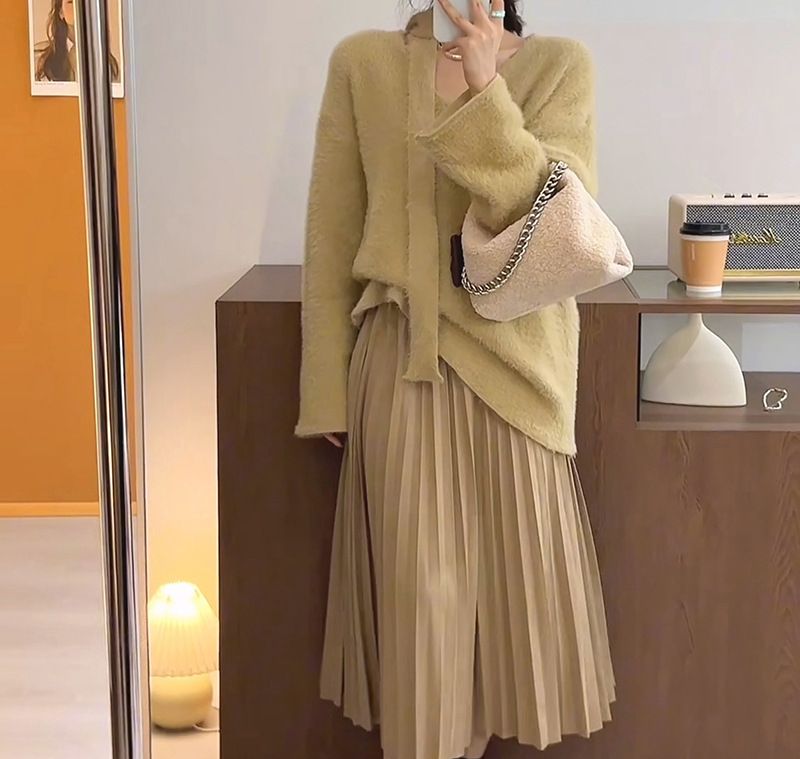 Sciarpa con scollo a V in stile coreano con pullover in pelliccia di visone, morbida maglia appiccicosa per autunno e inverno da donna_voghion.com