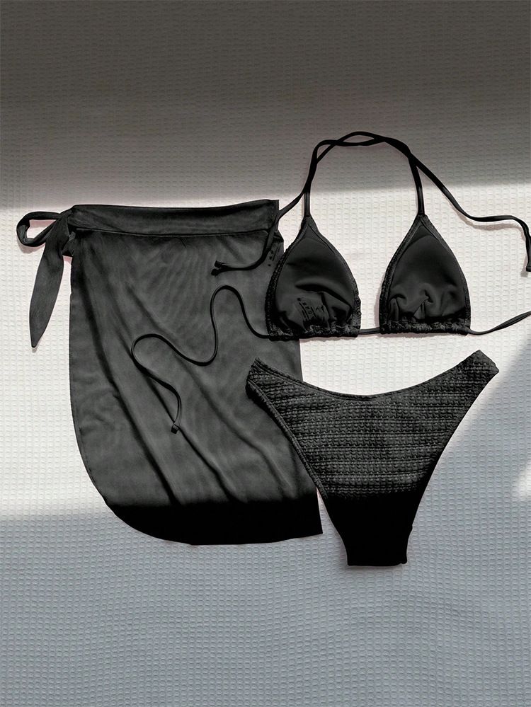 Damenbekleidung Pure Color Mesh Dreiteiliger Badeanzug Schnürung Sexy Strand Bikini Badeanzug Frauen Sommer_voghion.com