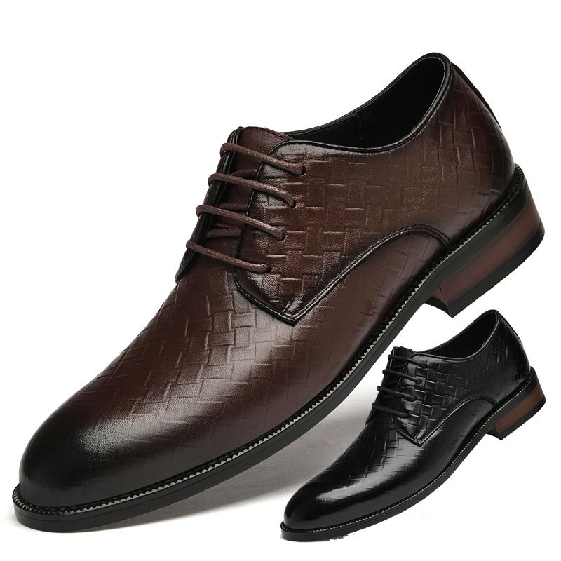 Suitable For All Seasons Thick-Soled Height-Increasing Shallow Mouth Polished Formal Suit Men's Embossed Woven Leather Shoes Office Autumn Men_voghion.com