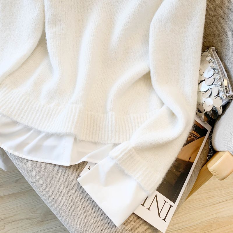 Abbigliamento da donna in stile coreano, camicia a strati e top in maglia, outfit autunnale da donna - grigio, bianco e blu_voghion.com