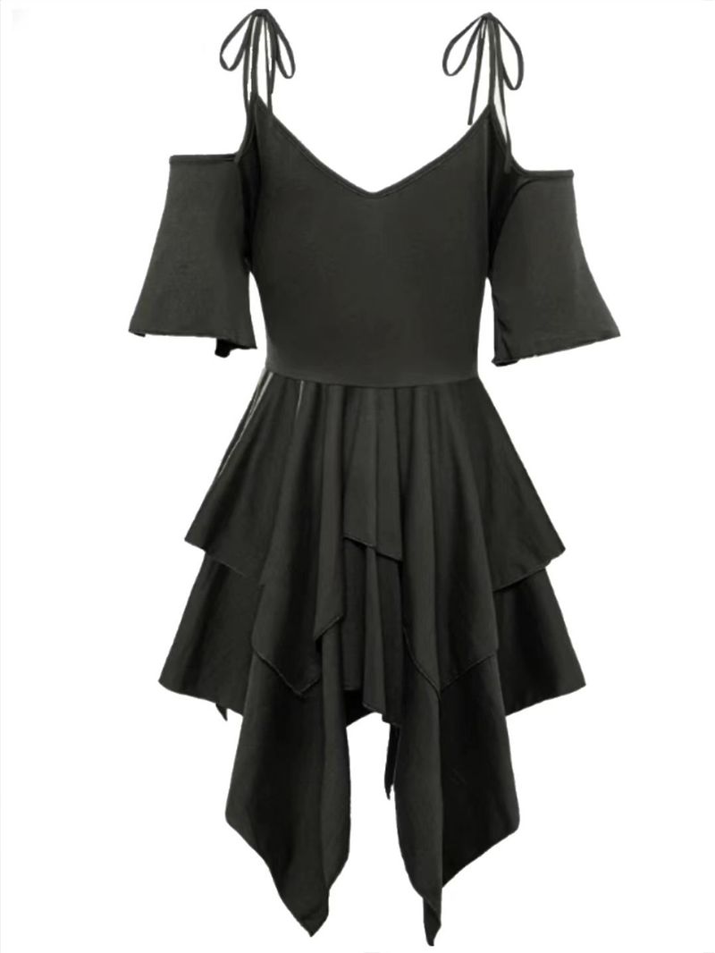 Nuovo vestito casual da donna di grandi dimensioni, stile hipster, con scollo a V, spalle scoperte, maniche corte, gonna con lacci di grandi dimensioni_voghion.com