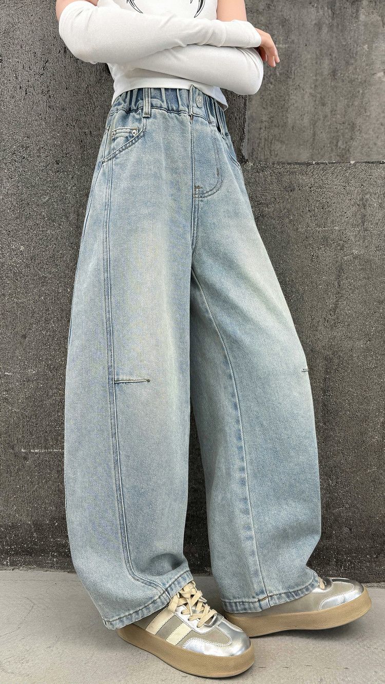 Vaqueros desgastados con cintura elástica para niñas (120-170 cm) - Cómodos vaqueros de pierna ancha para niñas (120-170 cm) - Ropa de calle de moda para primavera y otoño_voghion.com