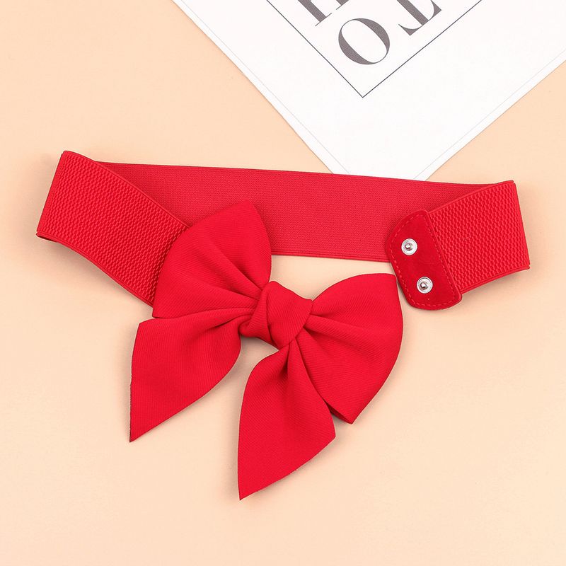Bow Decorative Belt - Red Elastic Waist Belt With Diamond Accents_voghion.com
