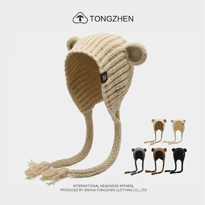 Niedlicher kleiner Bärenriemen für Frauen im Herbst und Winter, um sich warm zu halten und das Gesicht zu zeigen. Kleiner Ohrenschutz, geflochtene Strickmütze_voghion.com