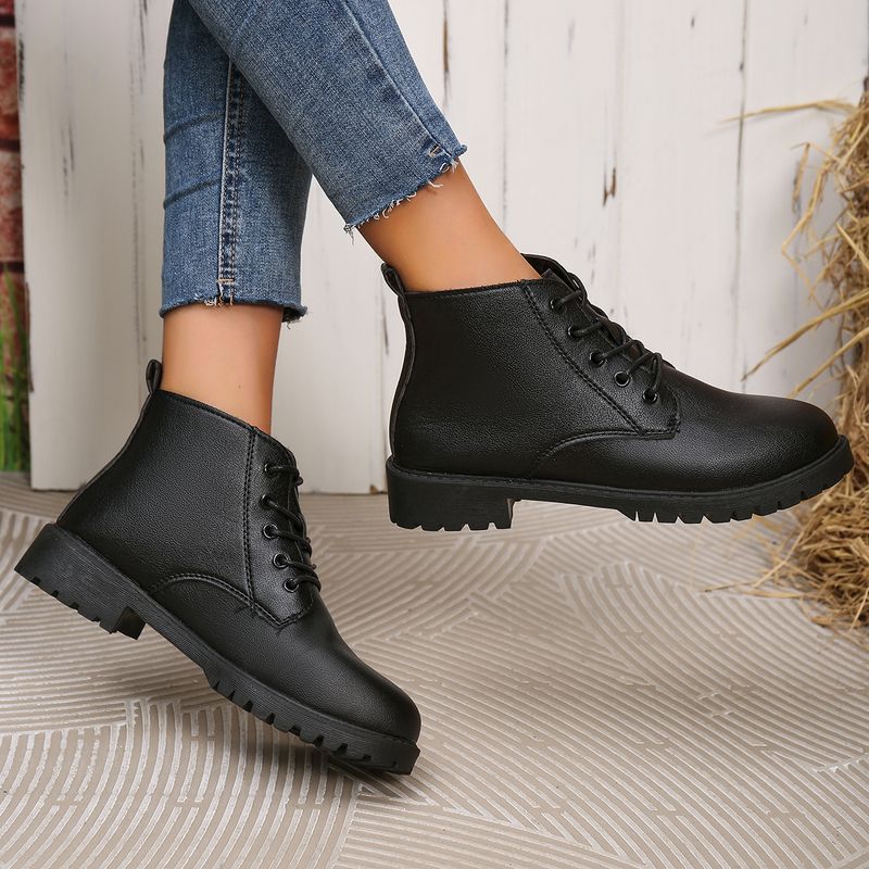 Damenschuhe Große kurze Stiefel für Damen Herbst und Winter Neue runde Zehenpartie Schnürstiefel mit mittlerem Absatz und dickem Absatz Martin-Stiefel_voghion.com
