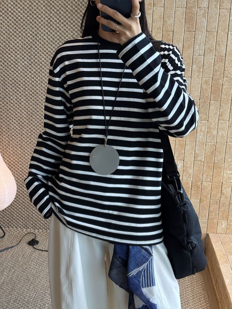 Autumn New Korean Style Fashionable Lazy Round Neck Wide Thick Striped Long Sleeve T-Shirt Comfortable Casual Top For_voghion.com