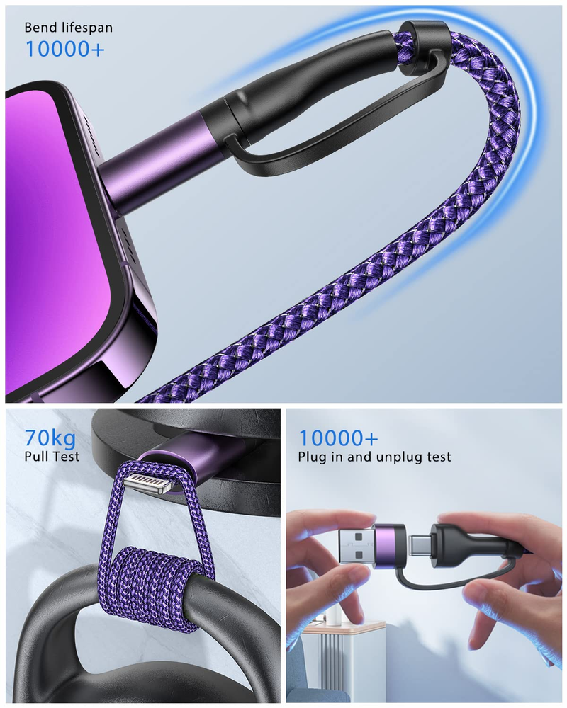 Kabel adaptera C 60 W \/3 A szybki kabel do transmisji danych, 4 w 1 USB A \/C do typu C \/ładowarka Lightning z nylonowym oplotem i wieloma funkcjami ładowania_voghion.com