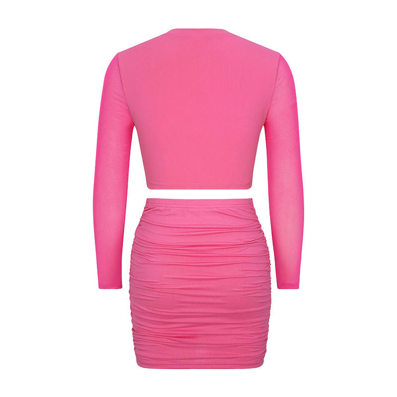 Women's long-sleeved patchwork mesh top pleated hip skirt casual two-piece set_voghion.com