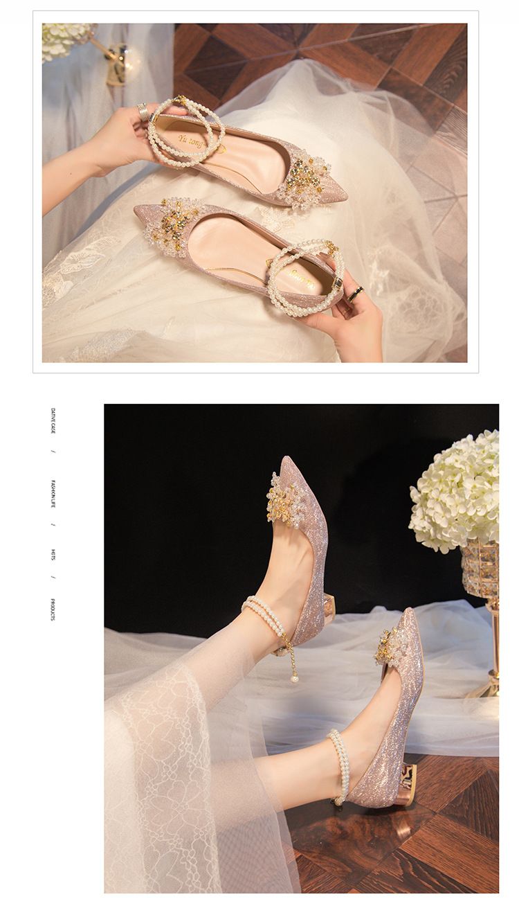 Spring 2025 New Pointed Shallow Mouth Pearl Champagne High Heels For Women, Fashionable Single Shoes Show Leg Length_voghion.com