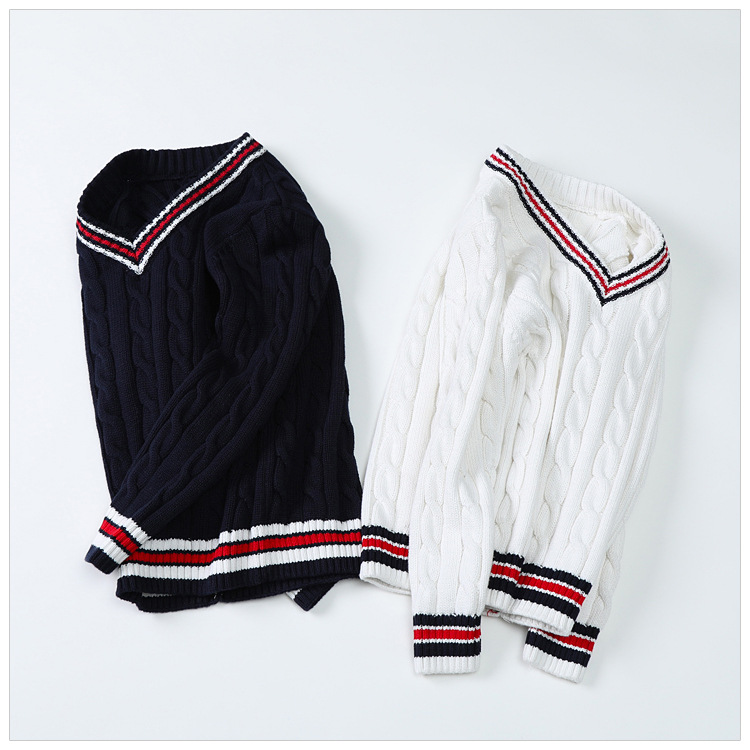 Otoño suéter para niños hilo de algodón ropa de clase Preppy prendas de punto con cuello en V para niños y niñas estudiantes_voghion.com