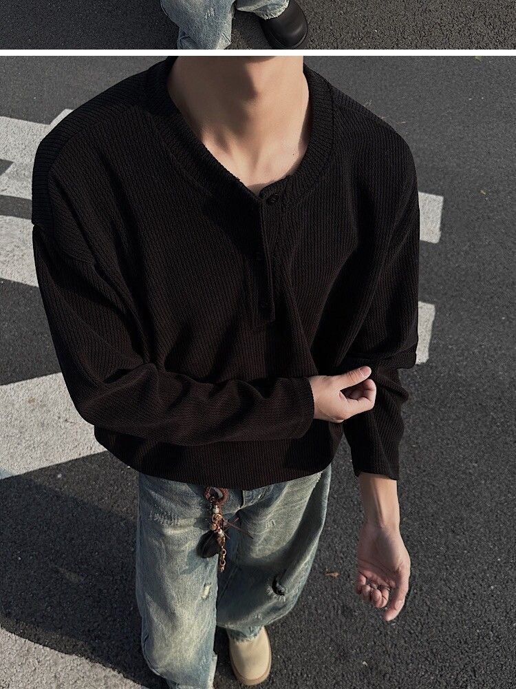Herrenbekleidung Strukturiertes Langarm-T-Shirt Mehrlagiges Sweatshirt Einfarbiges Unterhemd_voghion.com