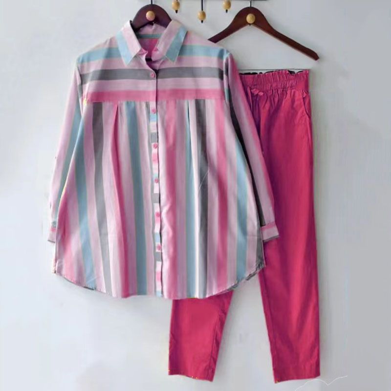 Tuta sportiva a due pezzi da donna primavera e autunno di grandi dimensioni con colletto POLO a righe MM a maniche lunghe, tuta sportiva alla moda_voghion.com