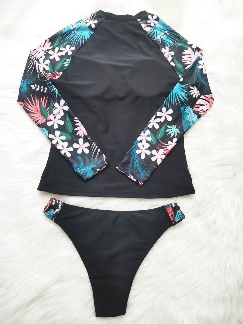 Costume da bagno bikini stampato a maniche lunghe con protezione solare, stile conservatore e aderente_voghion.com
