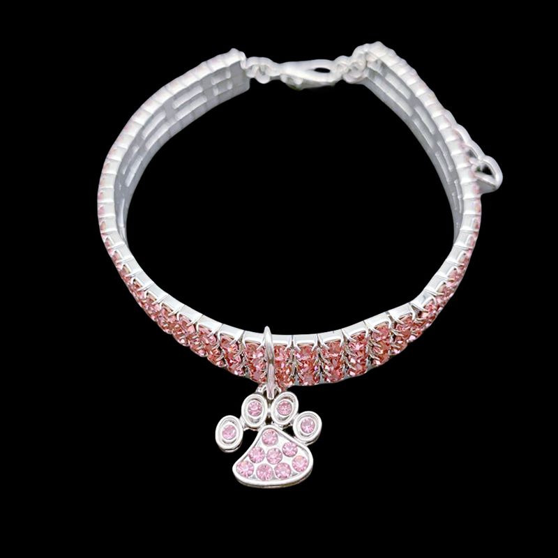 Colorful Alloy Footprint Pendant Pet Necklace Dog Chain Cat Collar Three Rows Of Elastic Rhinestone Pet_voghion.com