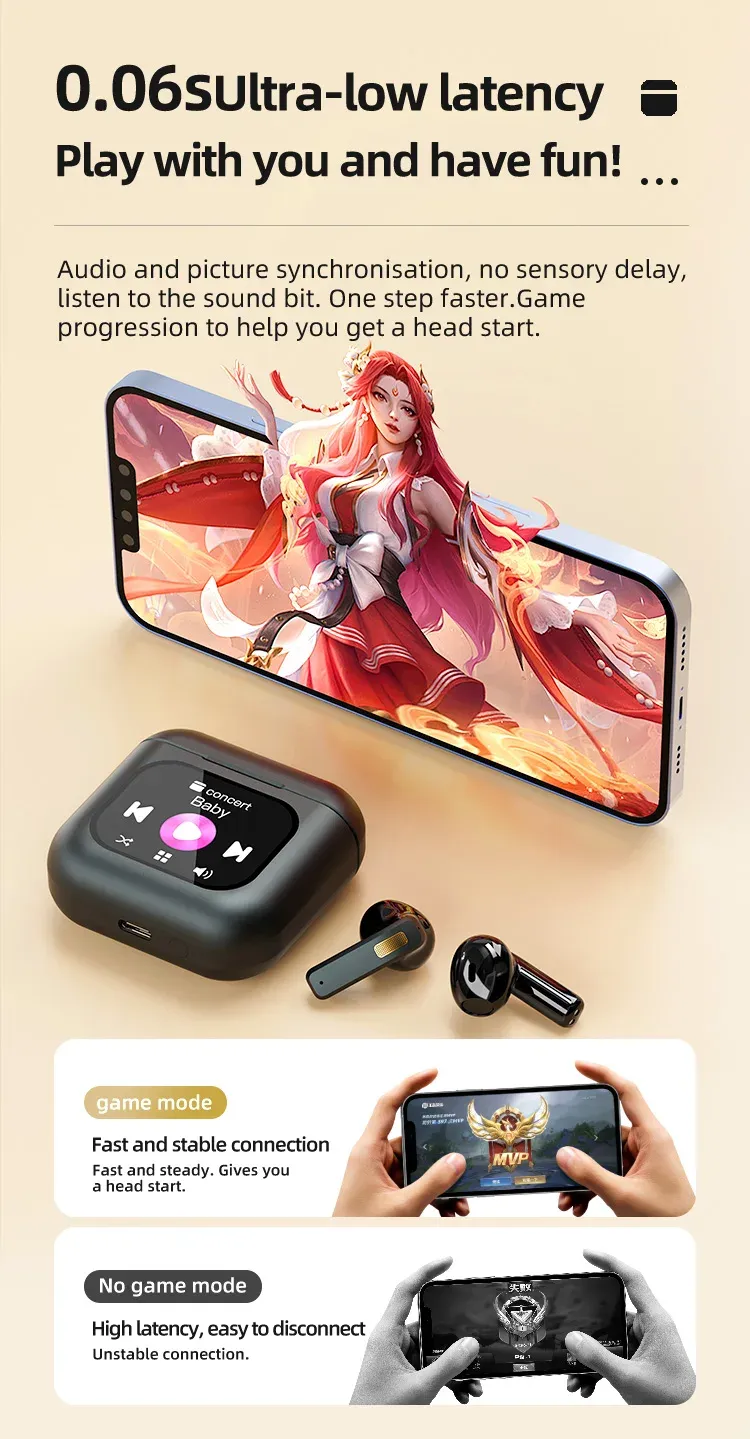 Smart Screen Touch Bluetooth Earphones Built-in 8GB Storage APP Control Video Switch Noise Reduction Message Reminder Earbuds_voghion.com