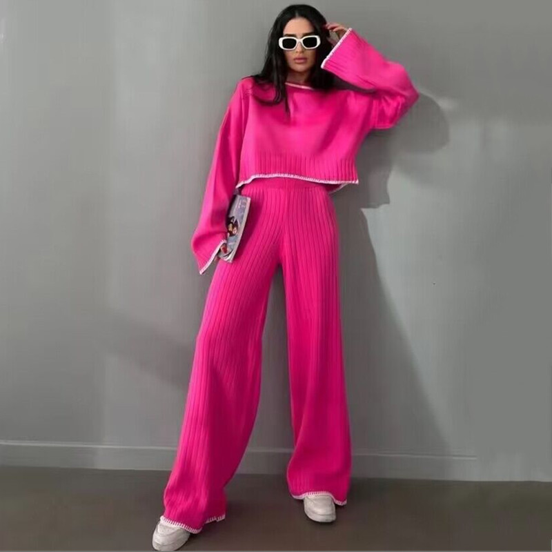 Abbigliamento da donna caldo maglione russo transfrontaliero a maniche lunghe completo di pantaloni lavorati a maglia per donna_voghion.com
