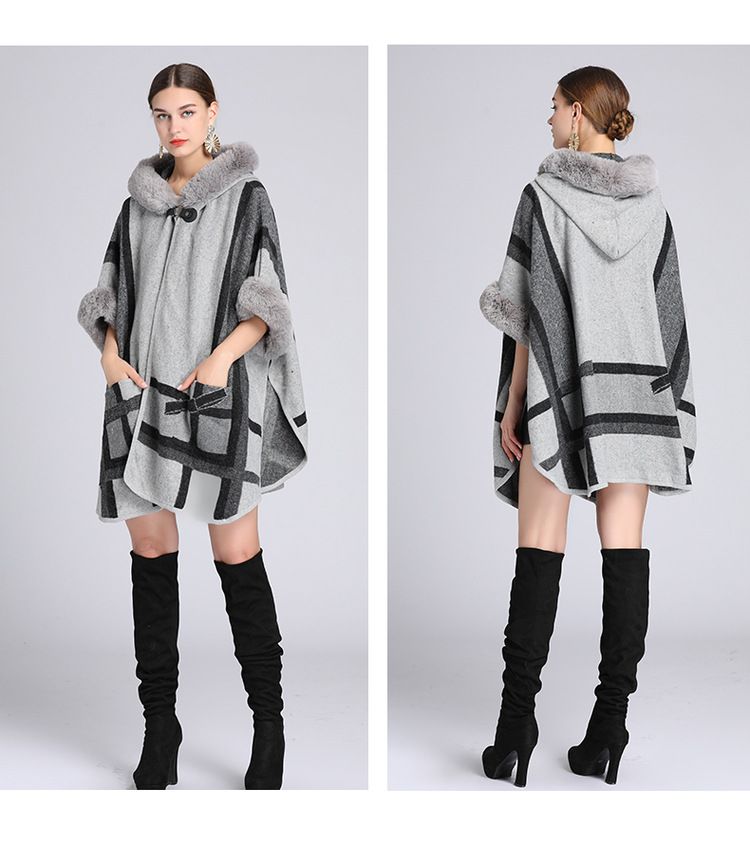 Wollkragen Kapuzenumhang Dame Jacquard Wollmantel Strickjacke Dame_voghion.com