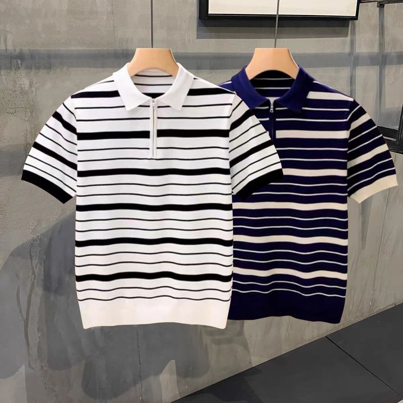 Herrenbekleidung Sommer leichtes, reifes, schlichtes, modisches, hochwertiges gestreiftes Poloshirt für Herren, junge, schlanke T-Shirts mit halbem Reißverschlusskragen für Herren_voghion.com
