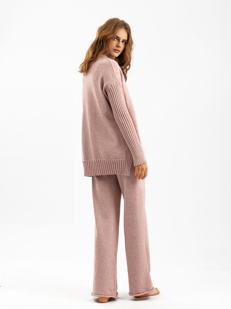 Conjunto de suéter estilo ocidental da moda feminina, calças de pernas largas, conjunto de duas peças_voghion.com