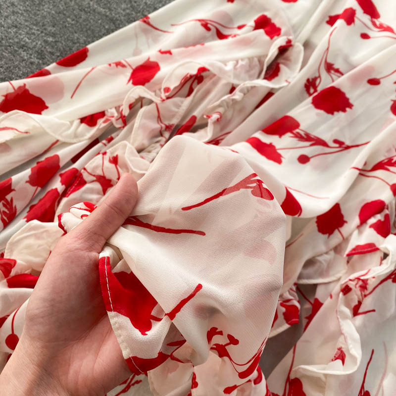 Chemise courte en mousseline de soie imprimée de style resort pour femmes, avec jupe fendue à bords d'oreilles funky, ensemble deux pièces tendance_voghion.com