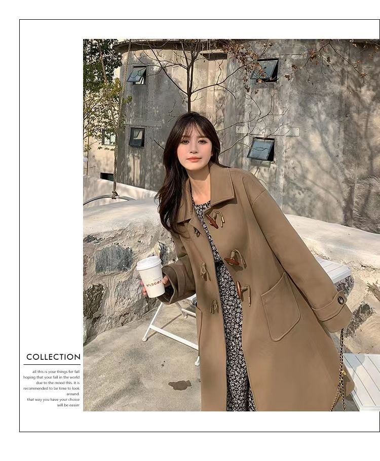 Women's woolen coat with horn buckle, autumn and winter 2023 New woolen coat, small mid-length Hepburn trendy_voghion.com