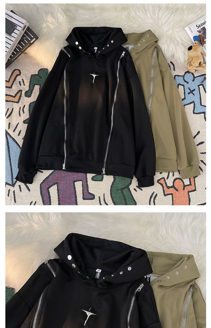 Felpa con cappuccio hip hop da uomo con doppie cerniere in metallo, pullover streetwear oversize per la moda casual_voghion.com